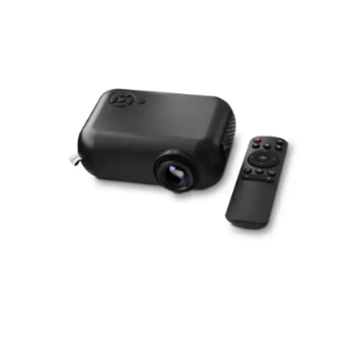 Svart Mikamax Smart Mini Projector med fjärrkontroll bredvid