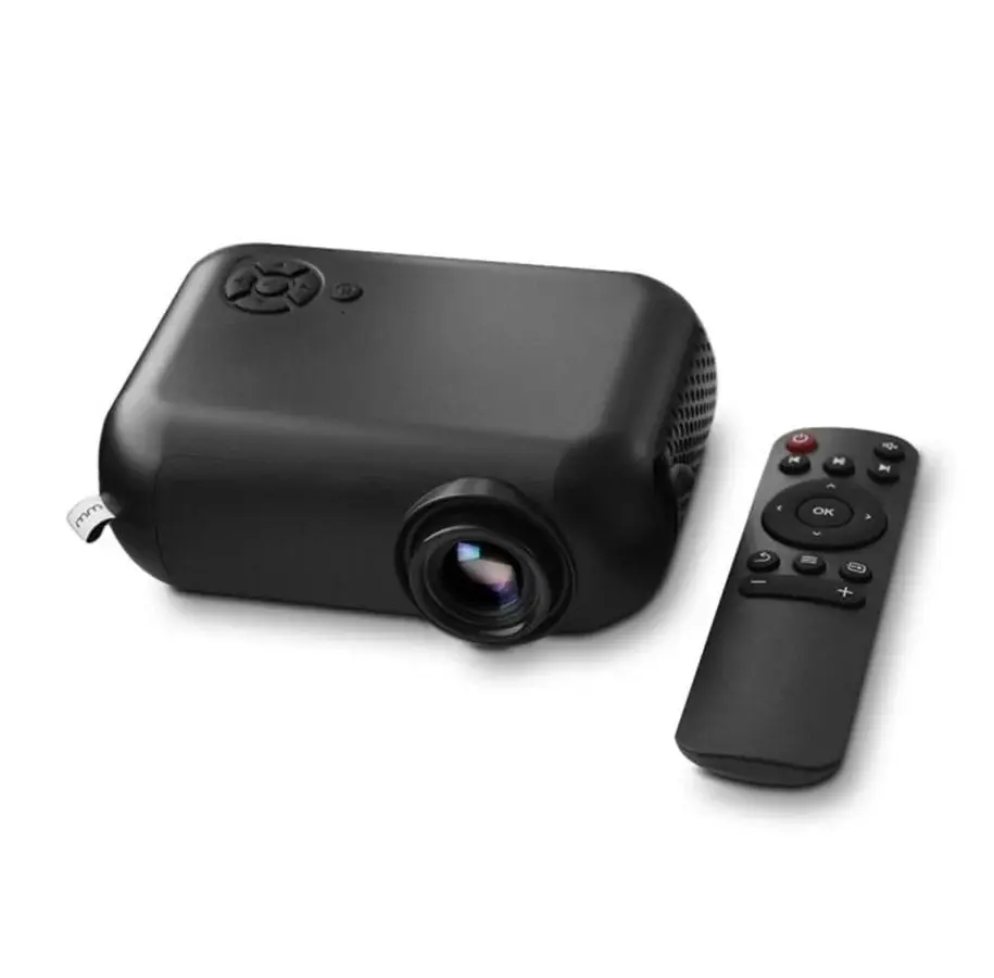 Vit Mikamax Smart Mini Projector sedd snett framifrån